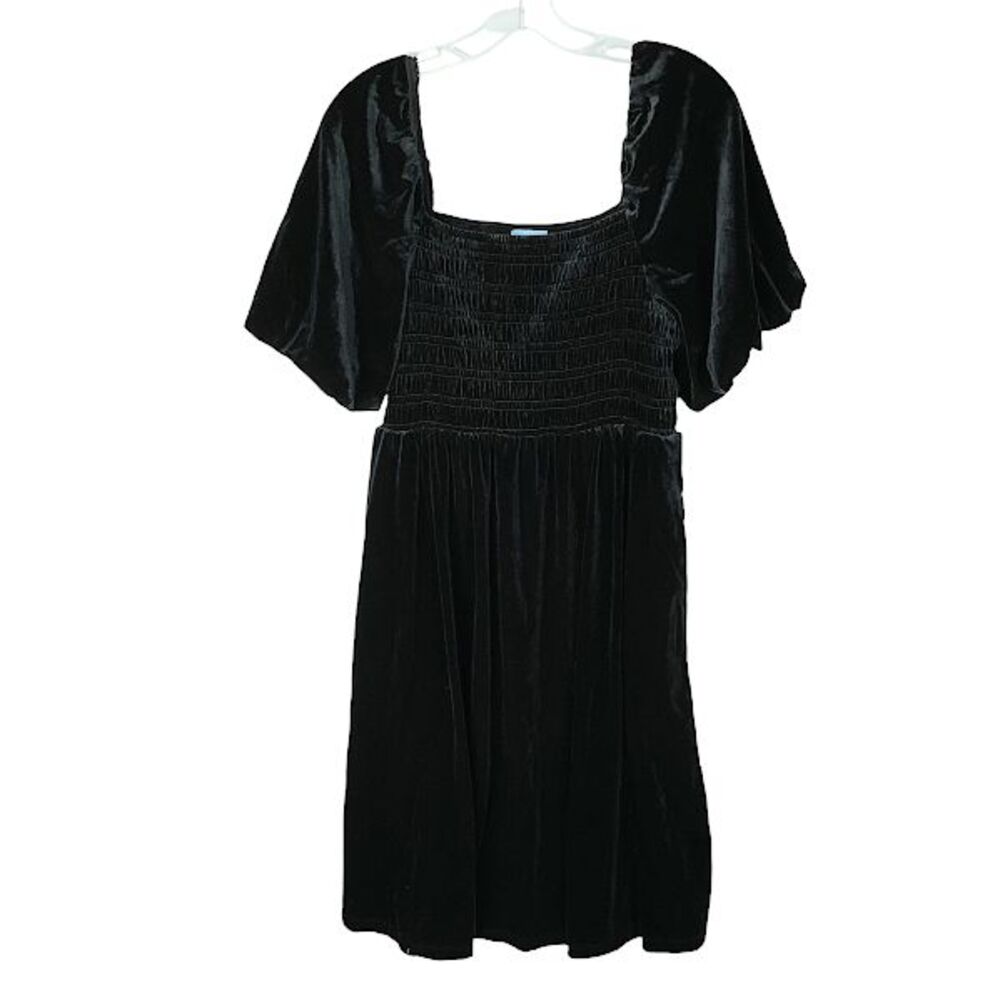 Draper James RSVP Womens  Sz L Black Velvet Smocked Dress Short Puff Sleeve